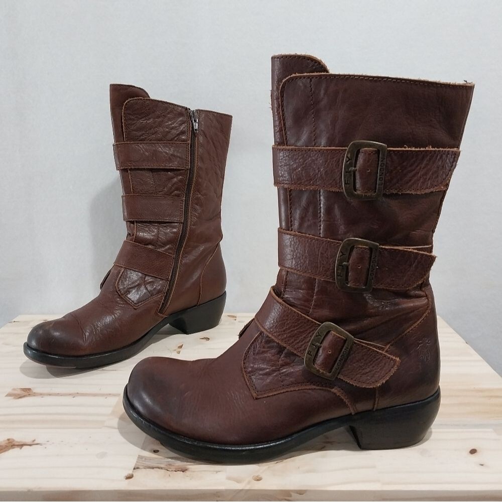 Fly London Boots Moto Combat Women's Size 40 Brown Leather Buckle Grunge Boho - Picture 13 of 14